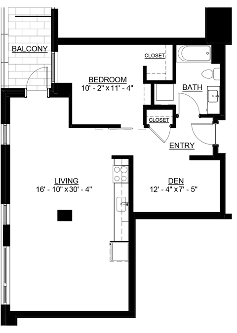 Floor plan for 1 bed, 1 bath, 886 sqft